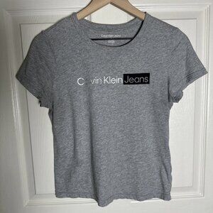 Calvin Klein Womens Gray Heather Short Sleeve T-Shirt Sz Medium Spell Out Top